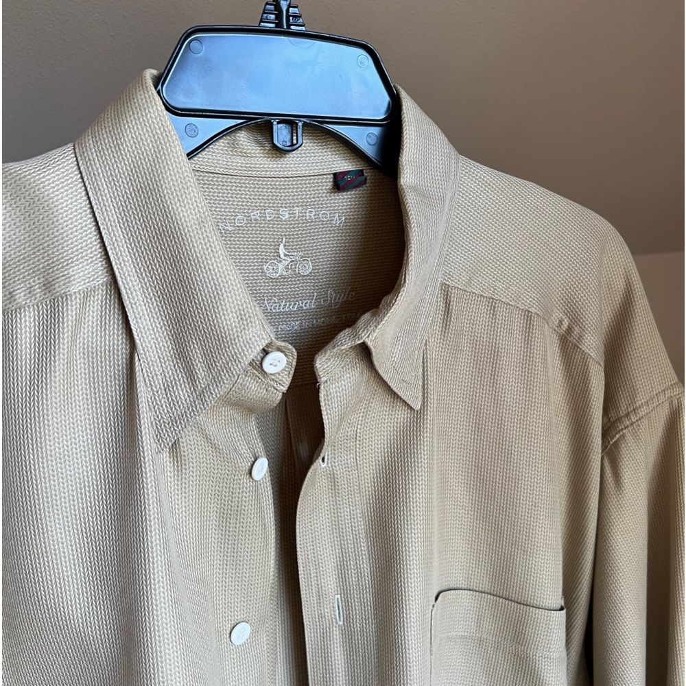 Nordstrom The Natural Tan Herringbone Texture Forearm Pleats Shirt 16 1/2 R *